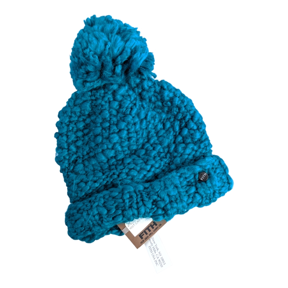 FITH size SS Chunky Knit Blue Beanie Hat w/ PomPom